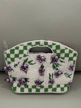 Handcrafted in India Beaded Bag Green and White Checked Purple Flowers NWT